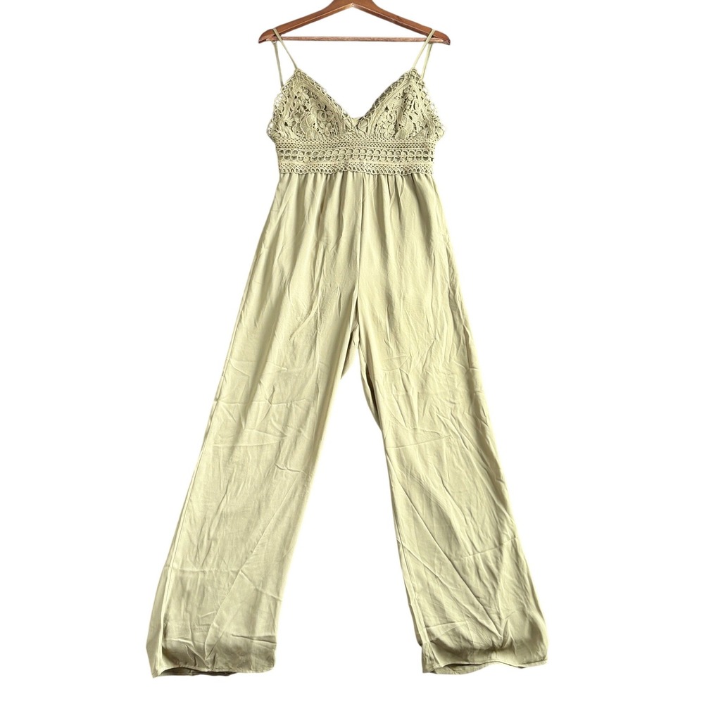Blāshe Olive Green Crochet Lace Boho Wide Leg Jumpsuit Womens Medium Tie Back
